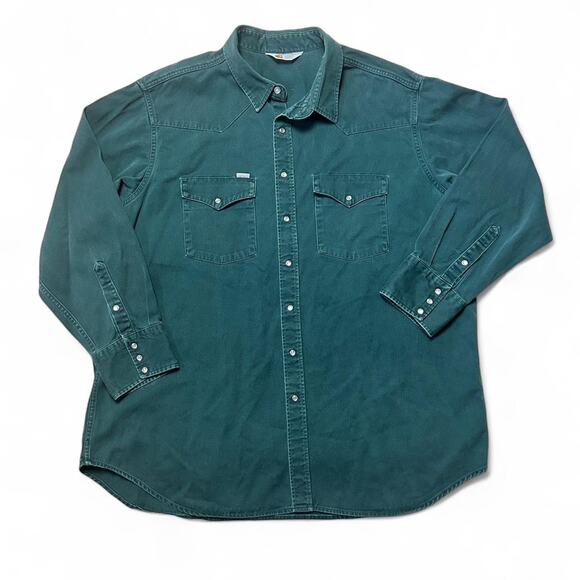 Carhartt Vintage 80s USA made Pearl Snap Green Long Workwear Button Shirt XXL
